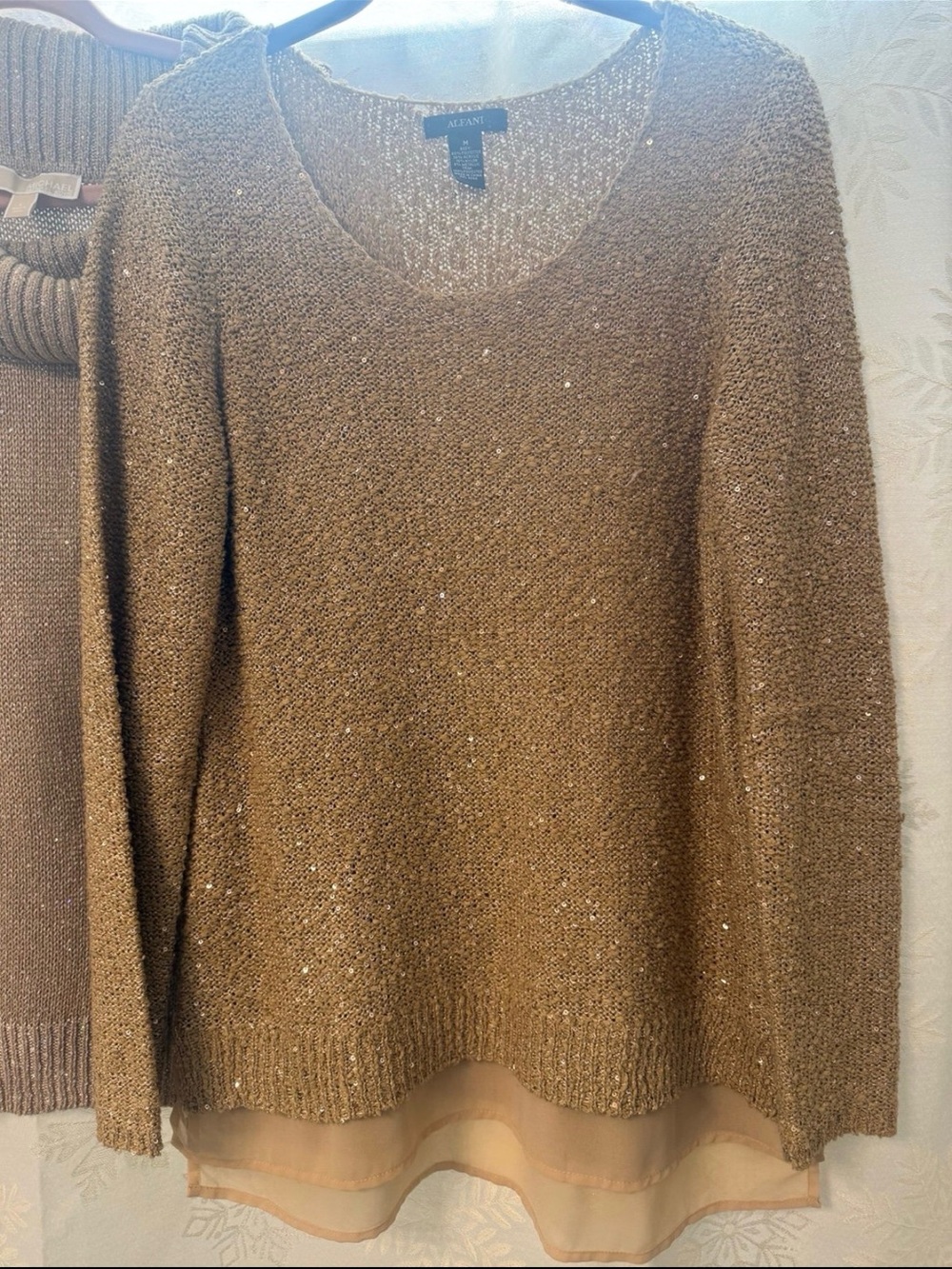 Alfani Brown Metallic Knit V-Neck Sweater with Chiffon Hem
